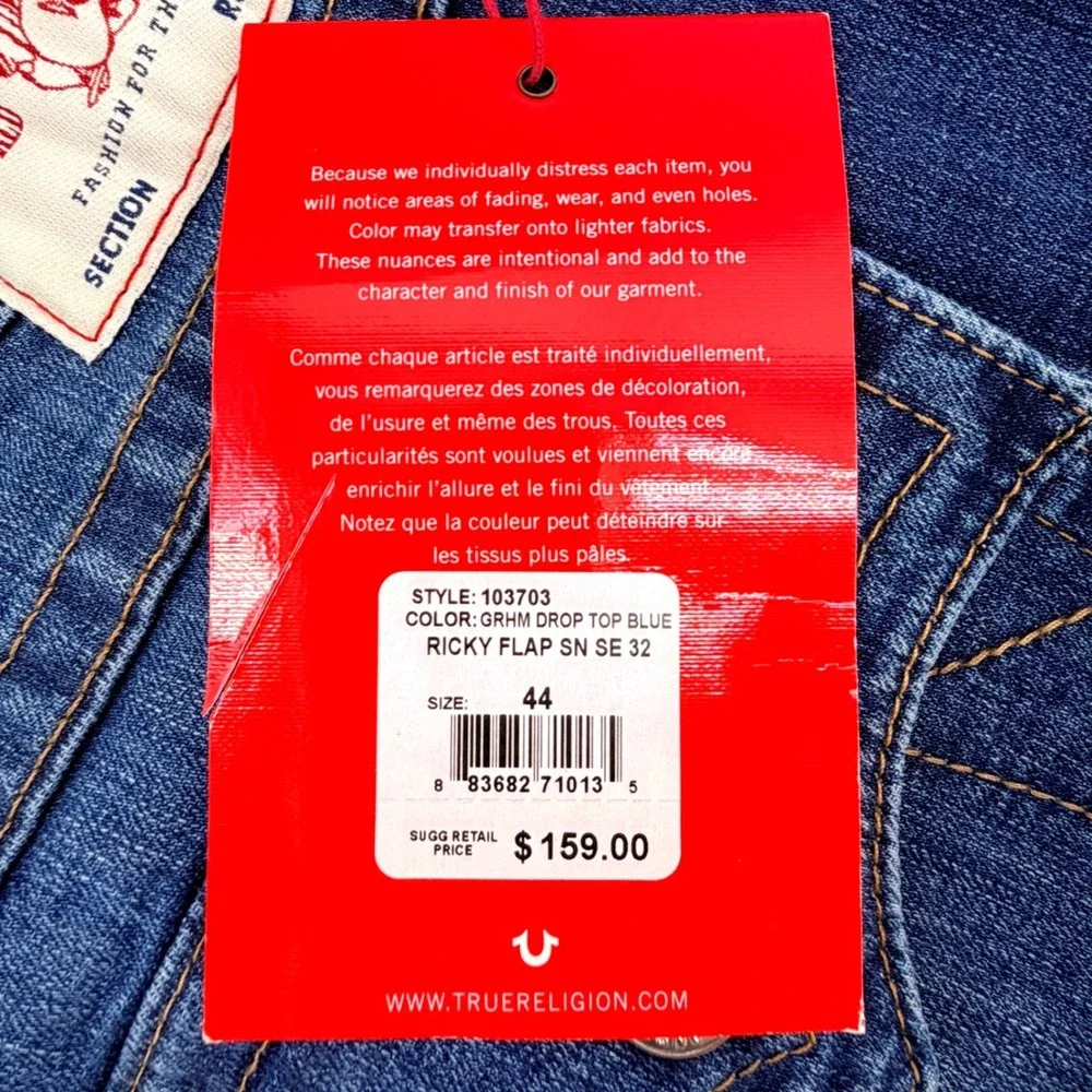 True Religion Ricky Flap Men 44 Blue NEW Straight Leg Relaxed Fit Jeans